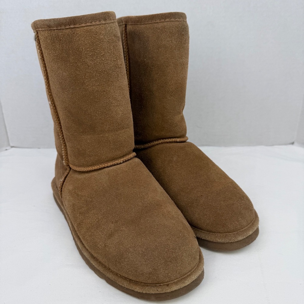 Bearpaw Emma Mid Calf Suede Boots Hickory Brown Sheepskin Lining Womens 10